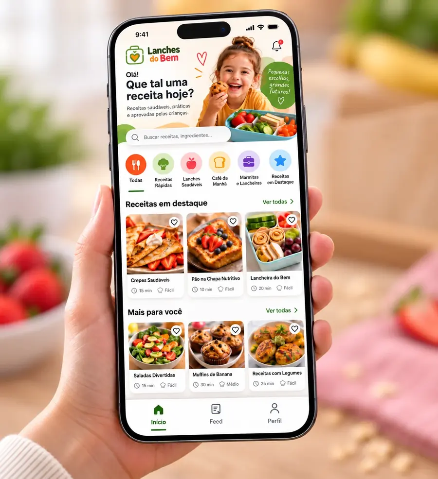 Aplicativo do Lanches do Bem no celular, com receitas rápidas e saudáveis para crianças