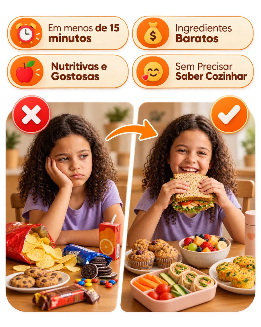 Comparação entre lanches industrializados que deixam a criança desanimada e opções saudáveis que a deixam feliz