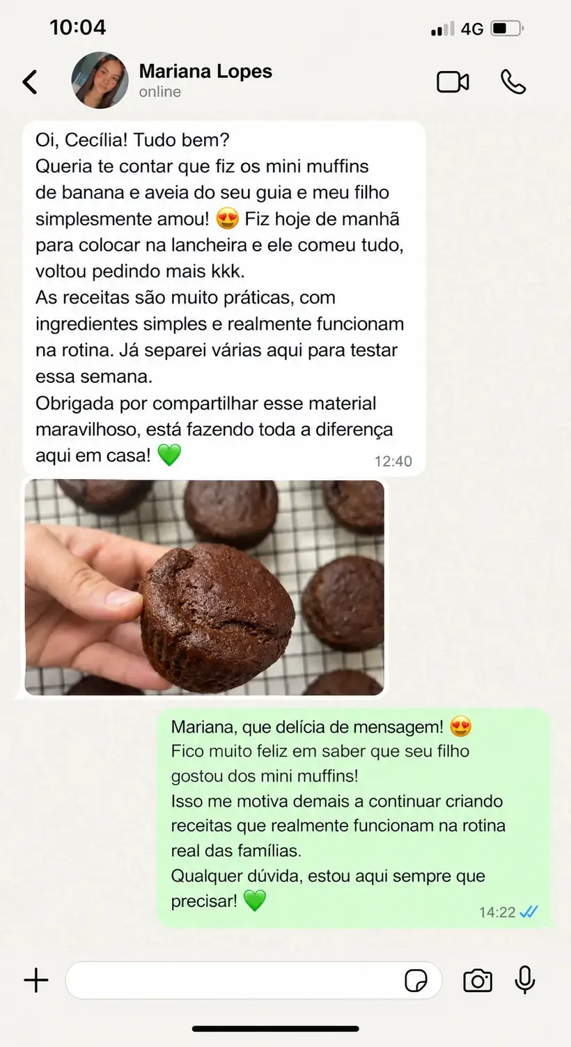 Mensagem de uma mãe contando que o filho amou os mini muffins